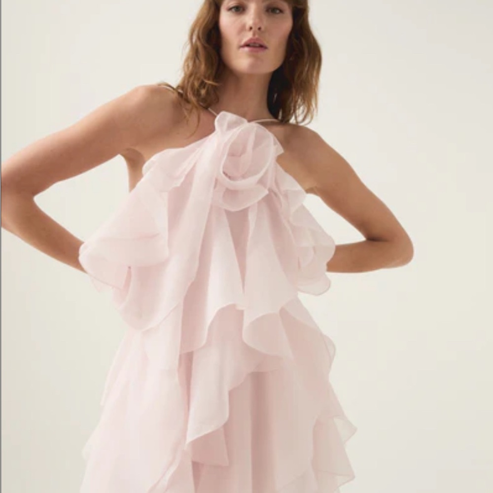 Aje Pink Asymmetrical Ruffled Halter Sundress